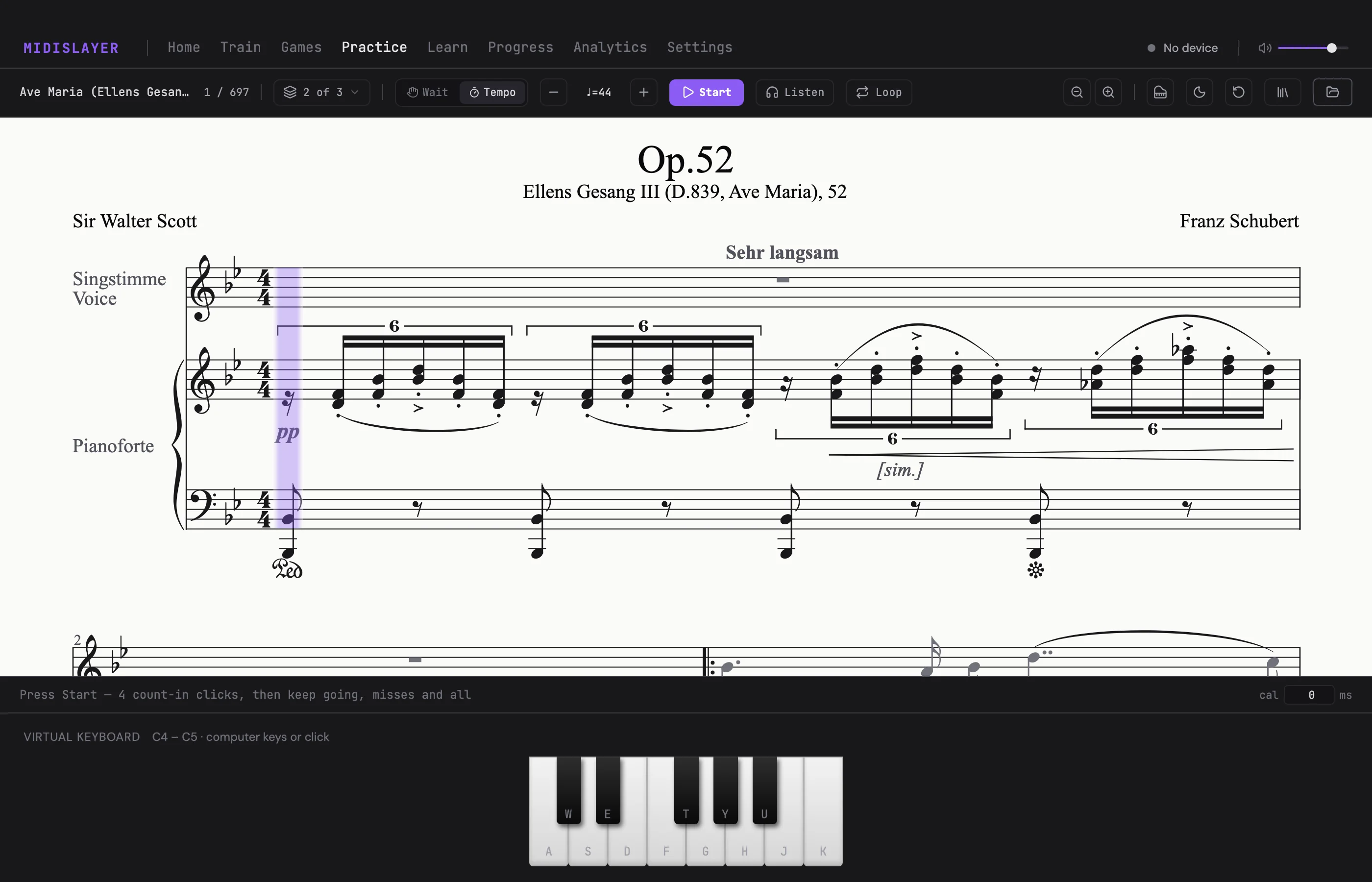 MidiSlayer tempo mode with Schubert's Ave Maria loaded from MusicXML: the score engraved on a light sheet, a beat cursor, metronome and Start controls.