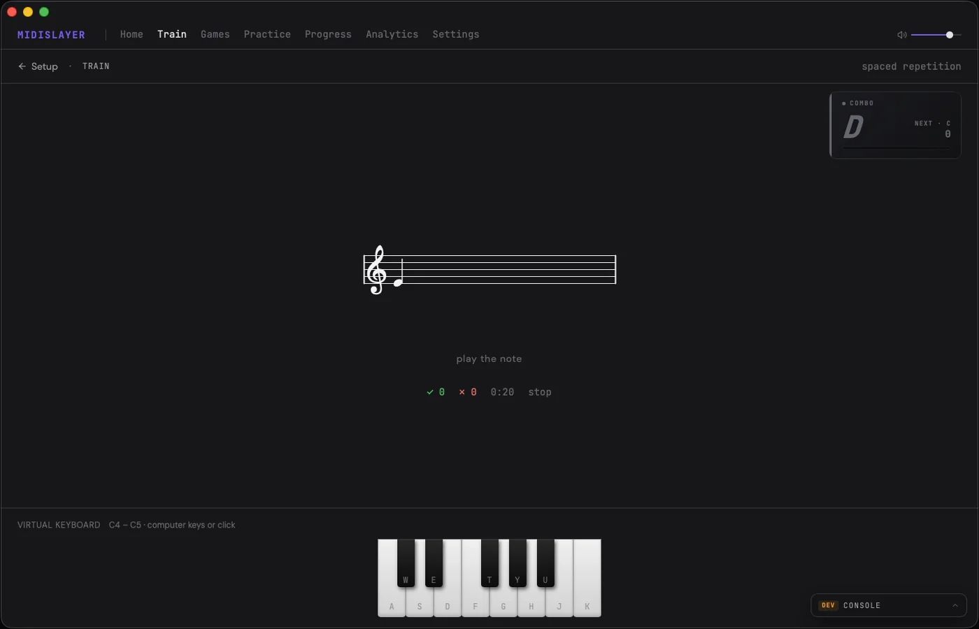 MidiSlayer training session: a note on the staff, the combo meter and the on-screen keyboard